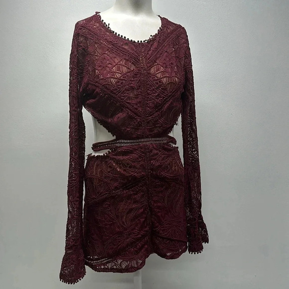 For Love And Lemons Emerie Cut Out Dress Mini Lace Long Sleeve Merlot Red Medium - Picture 2 of 12